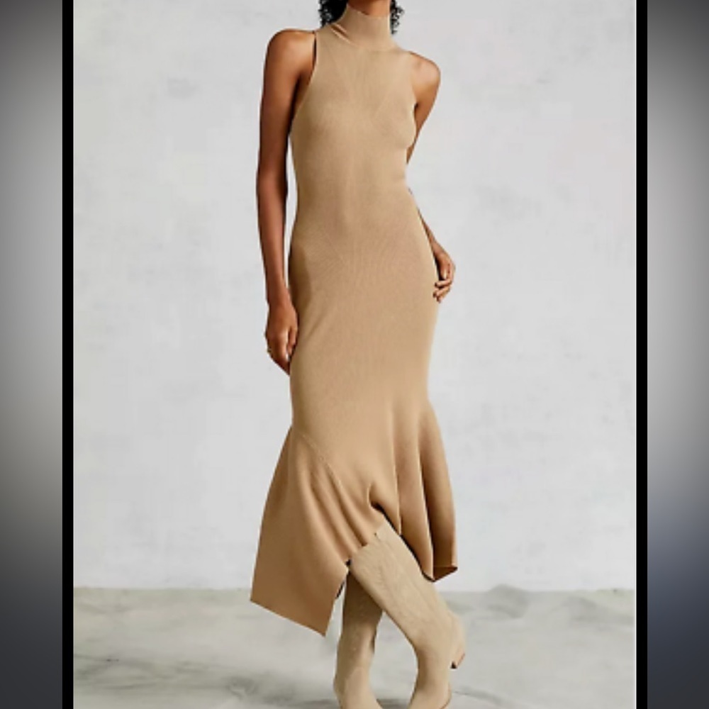 Anthropologie Knit mock neck sleeveless midi sweater dress in camel tan Sz XS